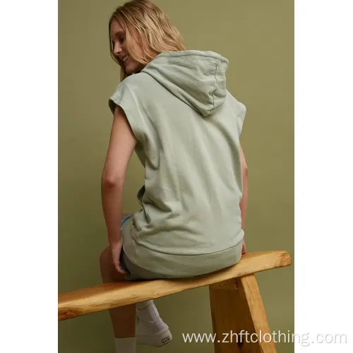 Womens Sleeveless Printed Kangaroo Pocket Pullover Hoodies